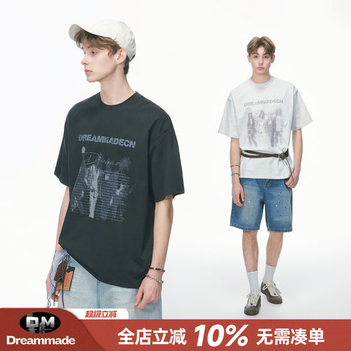 Dream made 美式复古印花短袖T恤男夏季2026新款男生重磅半袖T恤
