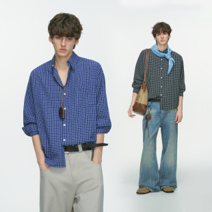 高级感蓝色格子长袖 美式 衬衫 男款 内搭休闲衬衣 Dream 春秋季 made