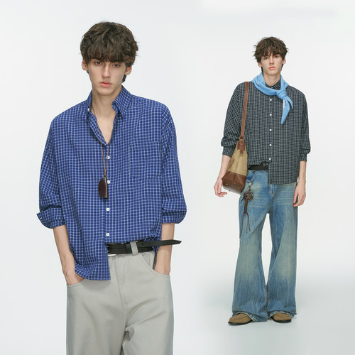 Dream made 美式高级感蓝色格子长袖衬衫男款春秋季内搭休闲衬衣