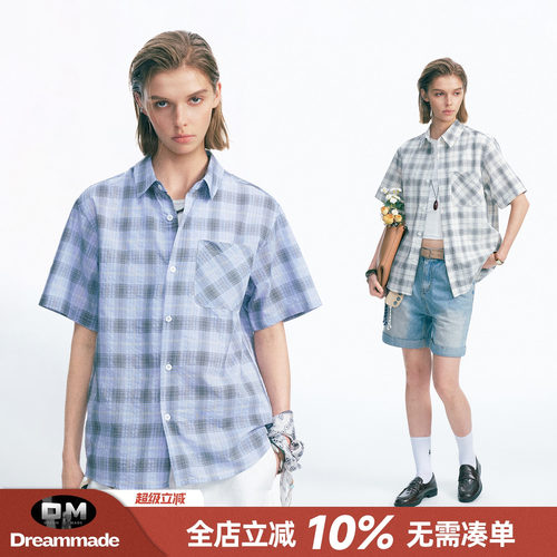 Dream made美式复古格纹宽松短袖衬衫男夏季薄款情侣休闲格子衬衣