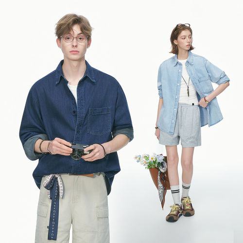 Dream made 美式高级感水洗牛仔衬衫男女春秋季情侣长袖衬衣外套