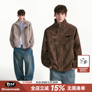 Dream made美式复古飞机扣PU皮衣外套男春秋季高级感机车夹克男生