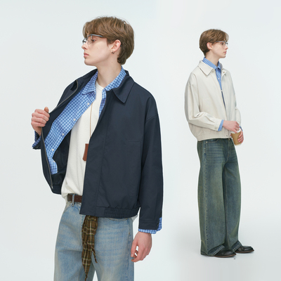 Dream made美式假两件cleanfit短款飞行夹克男春秋季格子男生外套