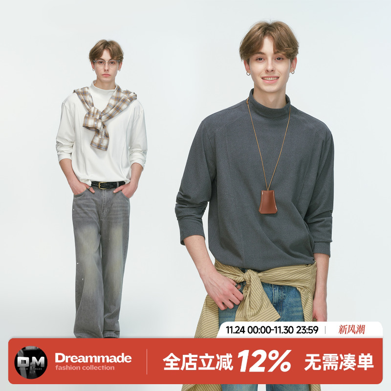 Dream made 半高领双面德绒解构长袖T恤男秋冬休闲内搭打底衫上衣