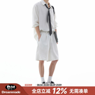 Dream made 老钱风亚麻短裤男款夏季套装白色长袖衬衫轻奢两件套