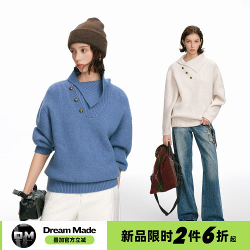 Dream made【10/20 20点新品限时2件6折】纯色斜翻领落肩针织毛衣