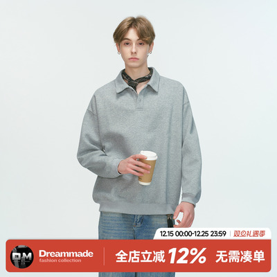 Dream made 美式复古翻领polo衫无帽灰色卫衣男春秋季男生长袖T恤