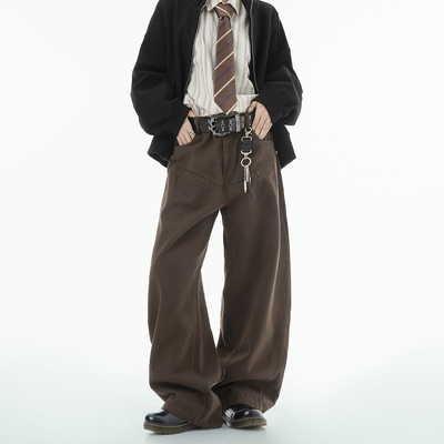 Dream made 美拉德棕色解构复古休闲裤男春秋直筒工装裤男生裤子