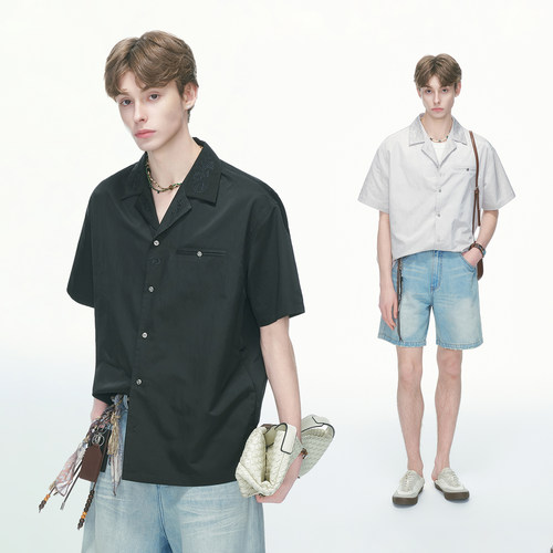 Dream made 老钱风浮雕刺绣短袖衬衫男款夏季松弛感半袖男生衬衣