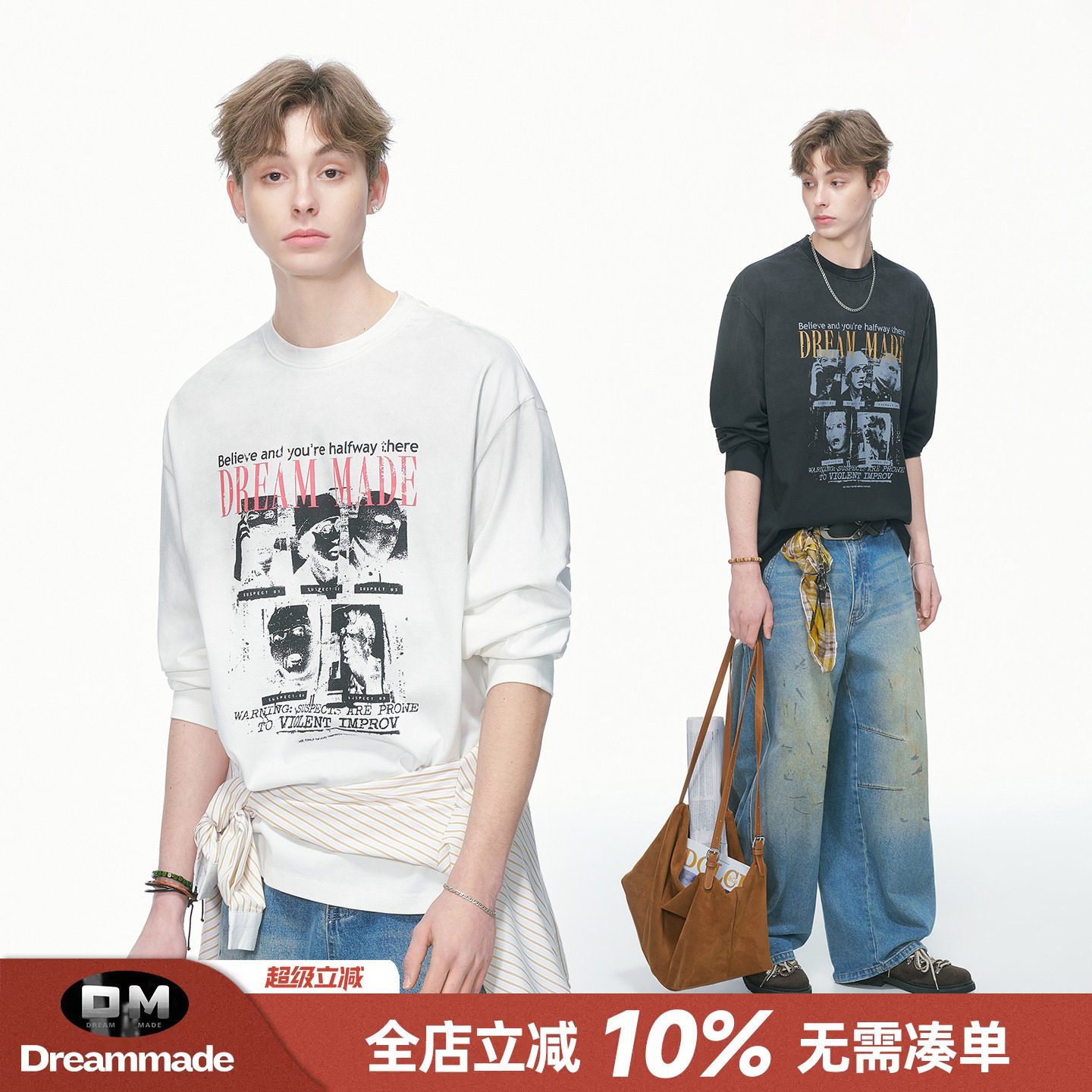 Dream made 美式水洗脏染人物印花长袖T恤男春秋季重磅男生打底衫图片