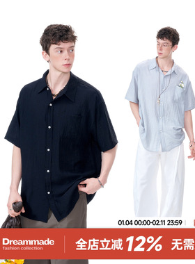 Dream made 美式慵懒风亚麻速干短袖衬衫男夏季休闲男生黑色衬衣