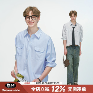 Dream made美式高级感蓝色条纹长袖衬衫男款秋季休闲工装衬衣男生