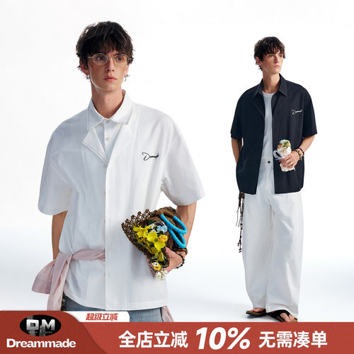 Dream made美式设计感假两件白色短袖衬衫男款夏季双层领男生衬衣