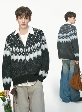 Dream made 仿马海毛费尔岛圣诞开衫毛衣男款冬季加厚针织衫外套
