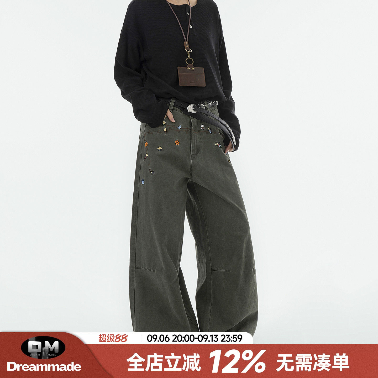 Dream made 美式趣味刺绣军绿色休闲裤男秋季潮牌工装裤情侣裤子图片