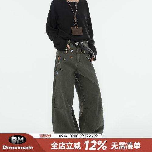 Dream made 美式趣味刺绣军绿色休闲裤男秋季潮牌工装裤情侣裤子