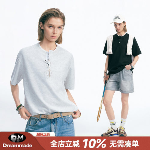 Dream made 美式复古假两件亨利领短袖T恤男夏季情侣薄款半袖上衣