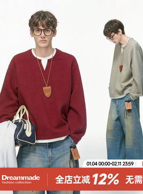 Dream made【新年限定】假两件红色卫衣男生冬季加绒加厚内搭上衣