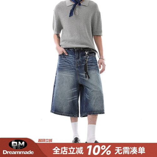 Dream made美式复古猫须水洗牛仔短裤男生夏季新款直筒宽松七分裤
