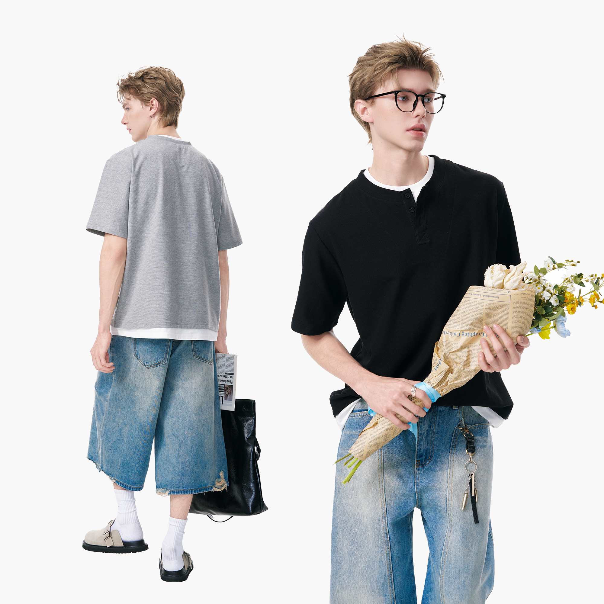 Dream made 假两件亨利领短袖T恤男夏季款美式通勤叠穿感半袖上衣