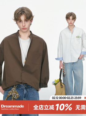 Dream made 老钱风亨利领格子白色长袖衬衫男春秋季休闲男生衬衣