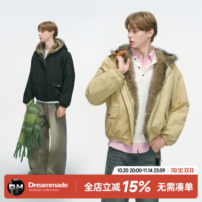Dream made 毛领连帽座山雕短款工装外套男冬季加绒加厚保暖棉服