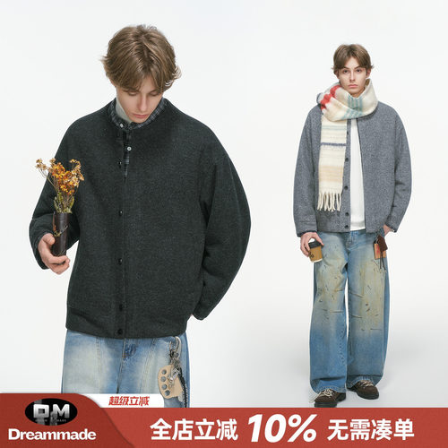 Dream made假两件亨利领90白鸭绒羽绒服男款冬季加厚男生毛呢外套