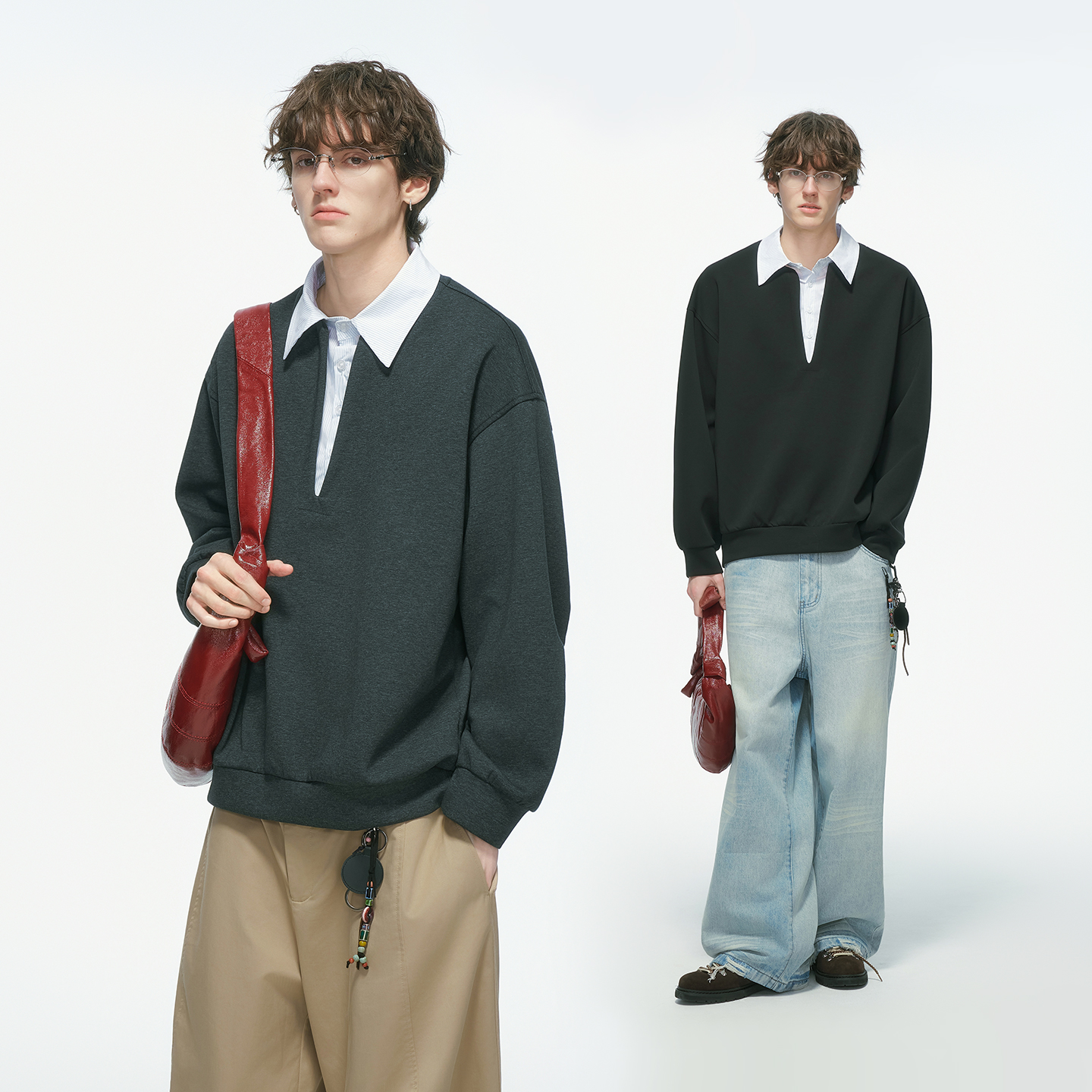 Dream made 假两件学院风条纹衬衫领卫衣男秋季休闲男生无帽上衣