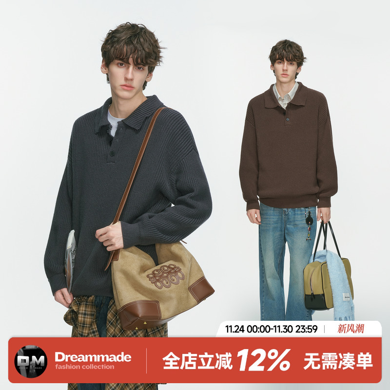 Dream made 老钱风复古POLO衫毛衣男秋季美式慵懒休闲套头针织衫