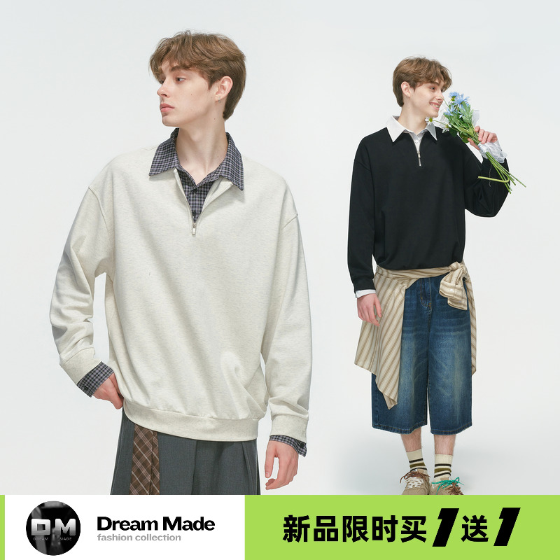 Dream made假两件学院风POLO衫卫衣男春秋季休闲半拉链衬衫领上衣
