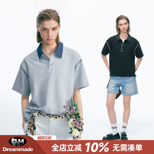 Dream made 美式手缝线阳离子短袖T恤男生夏季薄款半袖POLO衫上衣