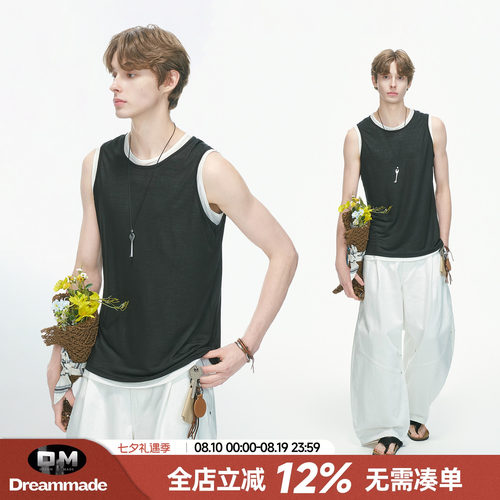 Dream made 100%莱赛尔天丝假两件背心男夏季透气运动健身无袖T恤