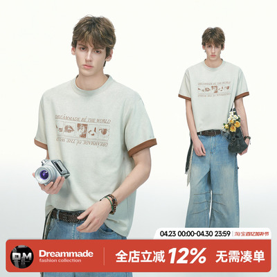 Dream made 老钱风轻奢撞色短袖男款夏季美式重磅男生半袖正肩T恤
