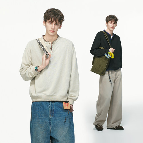 Dream made老钱风手缝线亨利领卫衣男秋冬季重磅无帽上衣男生内搭