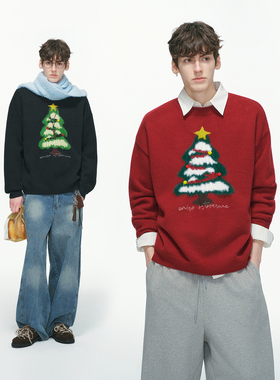Dream made 圣诞树提花毛衣男秋冬季加厚氛围感情侣款套头针织衫