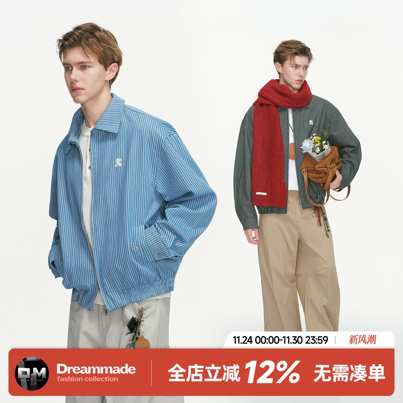 Dream made美式cleanfit条纹短款夹克男秋季休闲工装外套情侣上衣