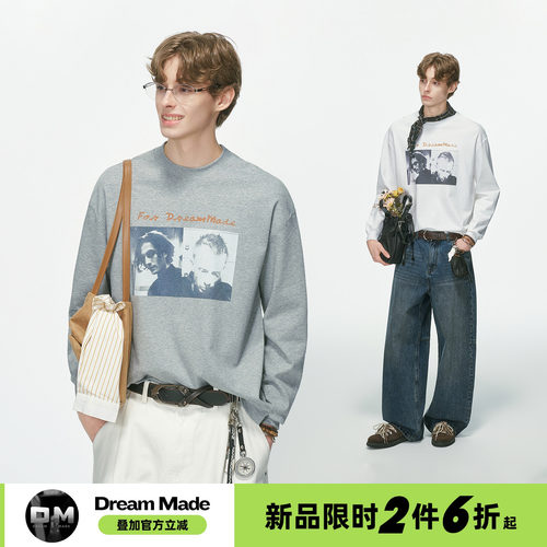 Dream made 美式简约印花圆领长袖T恤男2026秋季新款男生打底上衣