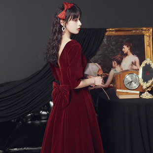 丝绒结婚敬酒服新娘2022新款春季红色订婚回门连衣裙宴会晚礼服