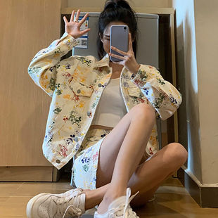 牛仔套装女2021春款女装新款小个子复古港风休闲时尚洋气两件套潮