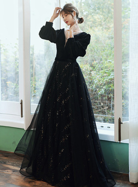 黑色宴会深V领礼服2021新款春季丝绒长袖气质感连衣裙年会晚礼服