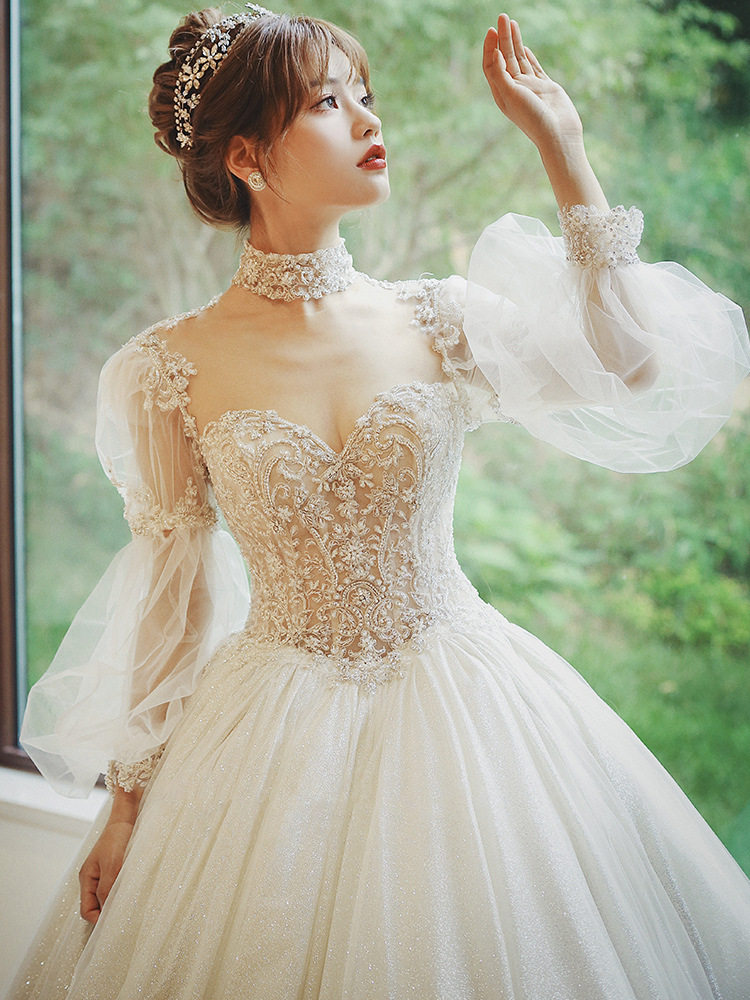 【薄暮】长袖主婚纱2022新款新娘法式宫廷拖尾气质简约出门婚纱女