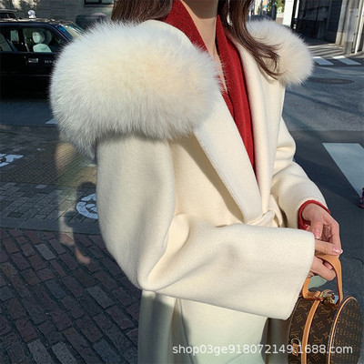 雪后初霁2024秋冬新款狐狸毛领连帽双面羊绒大衣女中长款毛呢外套
