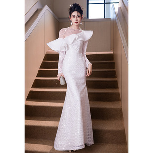 晚礼服女宴会气质轻奢小众高端高级感晚会主持人长袖鱼尾端庄大气