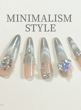 蓝色长款纯手工穿戴甲猫眼新款高级轻奢ins显白富家千金法式美甲