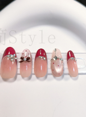 手工穿戴甲2025新款高级感轻奢中长法式猫眼红色显白新娘美甲甲片