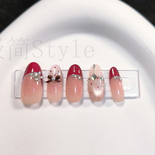 手工穿戴甲2025新款 猫眼红色显白新娘美甲甲片 高级感轻奢中长法式
