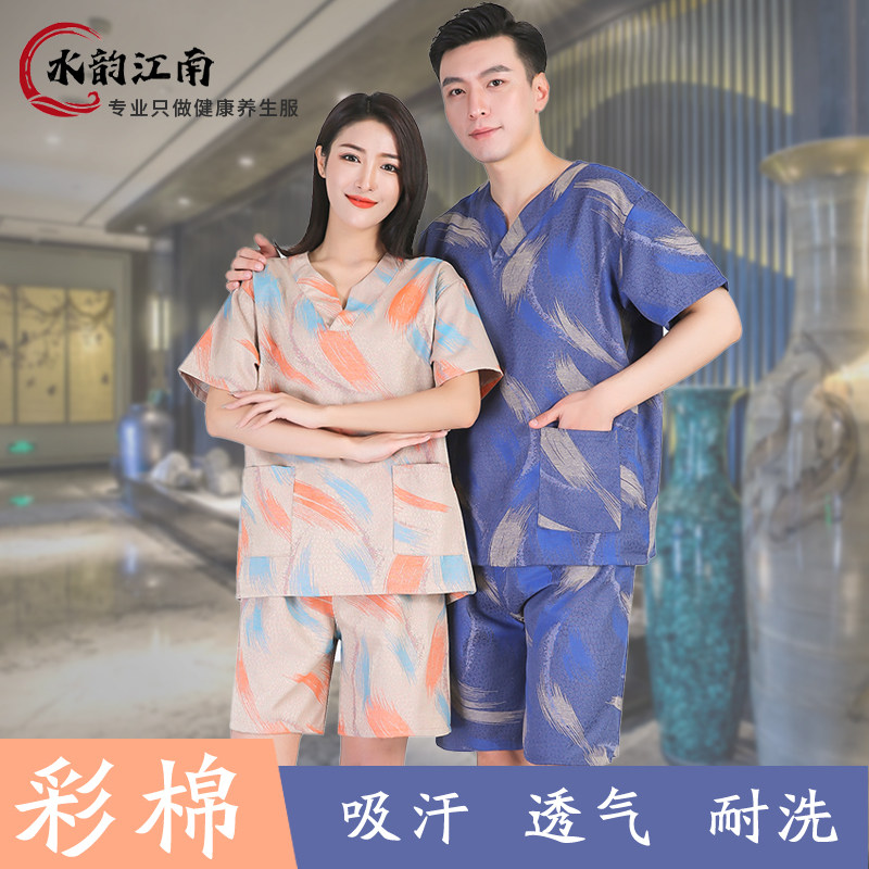 2026新款彩棉色织棉麻汗蒸服男女款温泉洗浴桑拿会所客人服加大码图片