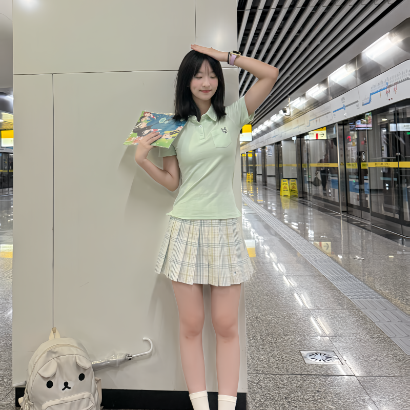 川野栗【梨花雪】白绿色格裙