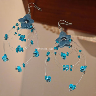 free手作|花朵与露珠 原创夸张蓝色水滴串珠耳环仙气氛围感耳夹女
