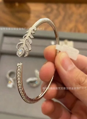 高版本Paon孔雀羽毛手镯女V金满钻高碳钻树叶开口手环高级感轻奢